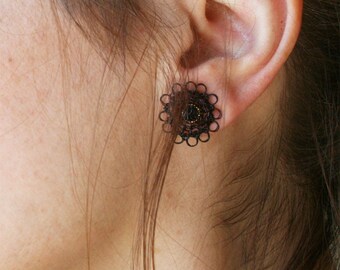 Black small round stud earrings, wire crochet minimal circle studs