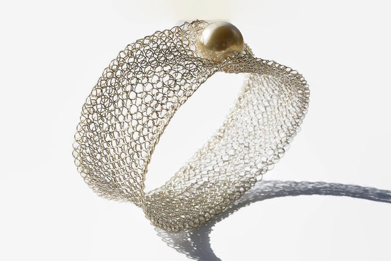 elegant bracelet bridal bracelet Silver wire crochet wide bangle bracelet with big pearl gift for girlfriend jewelry gift gift for her