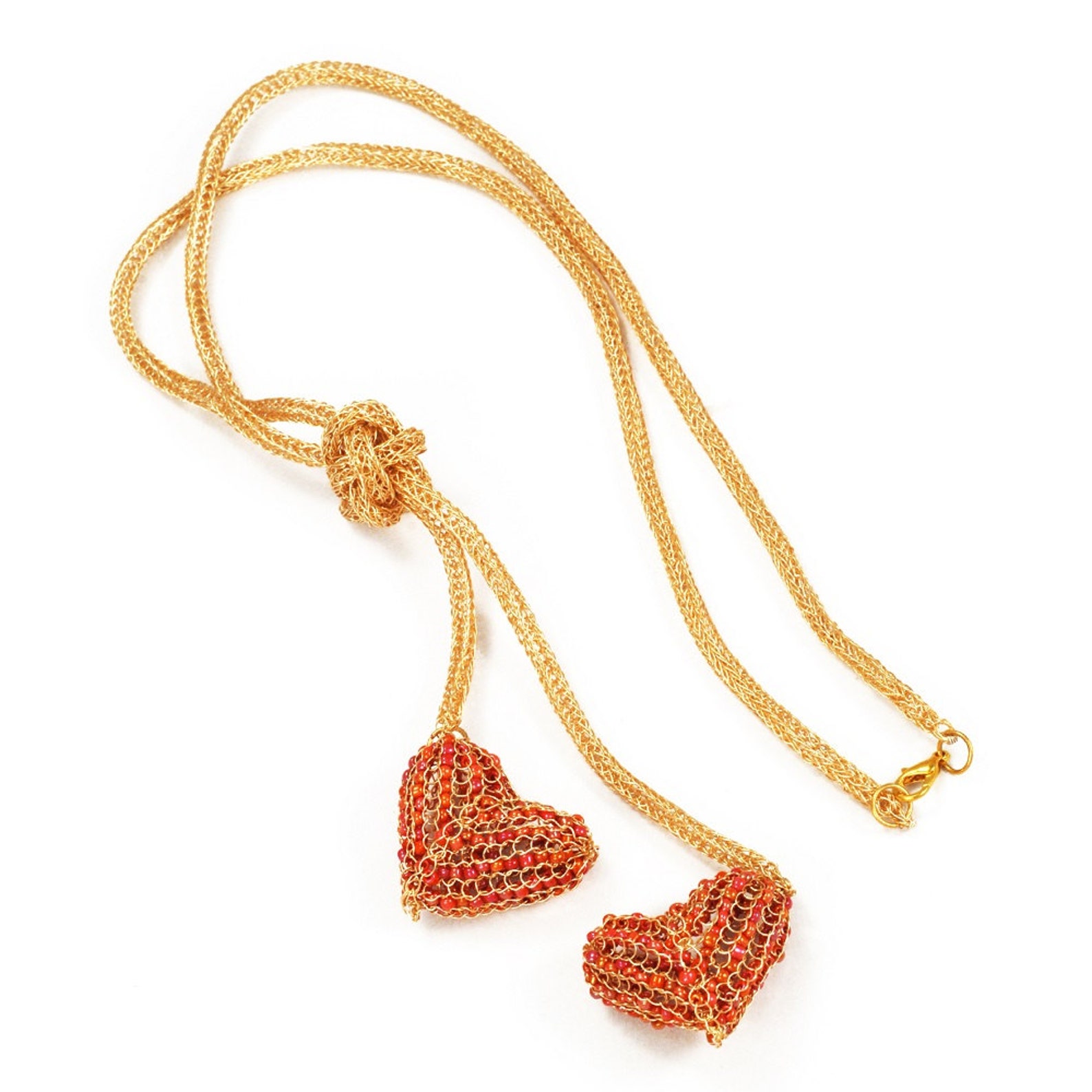 Gold Wire Crochet Necklace With Hearts Long Y Necklace Seed Etsy