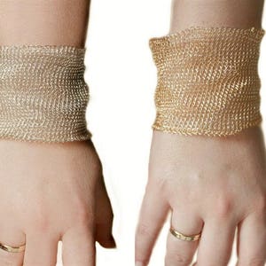 Wide bangle bracelet, cuff, gold, silver, crochet bracelet, knitted, woven, handmade, wire mesh, statement bracelet, women jewelry image 5