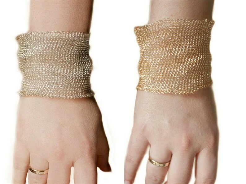 Wide bangle bracelet, cuff, gold, silver, crochet bracelet, knitted, woven, handmade, wire mesh, statement bracelet, women jewelry image 5