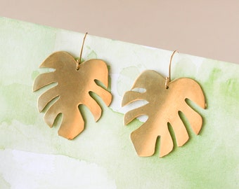 Monstera Leaf Earrings Gold Brass Metal Handmade Dangle Earrings Tropical Palm Earrings Plant Earrings