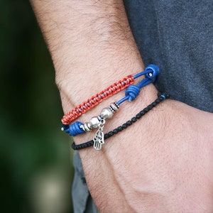 Simple adjsustable leather bracelet for men, brown, black, blue, leather wristlet, woven, sliding knot bracelet Blue