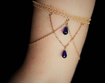 Upper Arm Band Gold | Adjustable | Boho Armlet with Blue Crystals