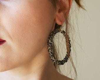 Large Hoop Earrings, Beaded Hoops, Tiny Bead, Black, Gold, Wire Crochet, Dangle