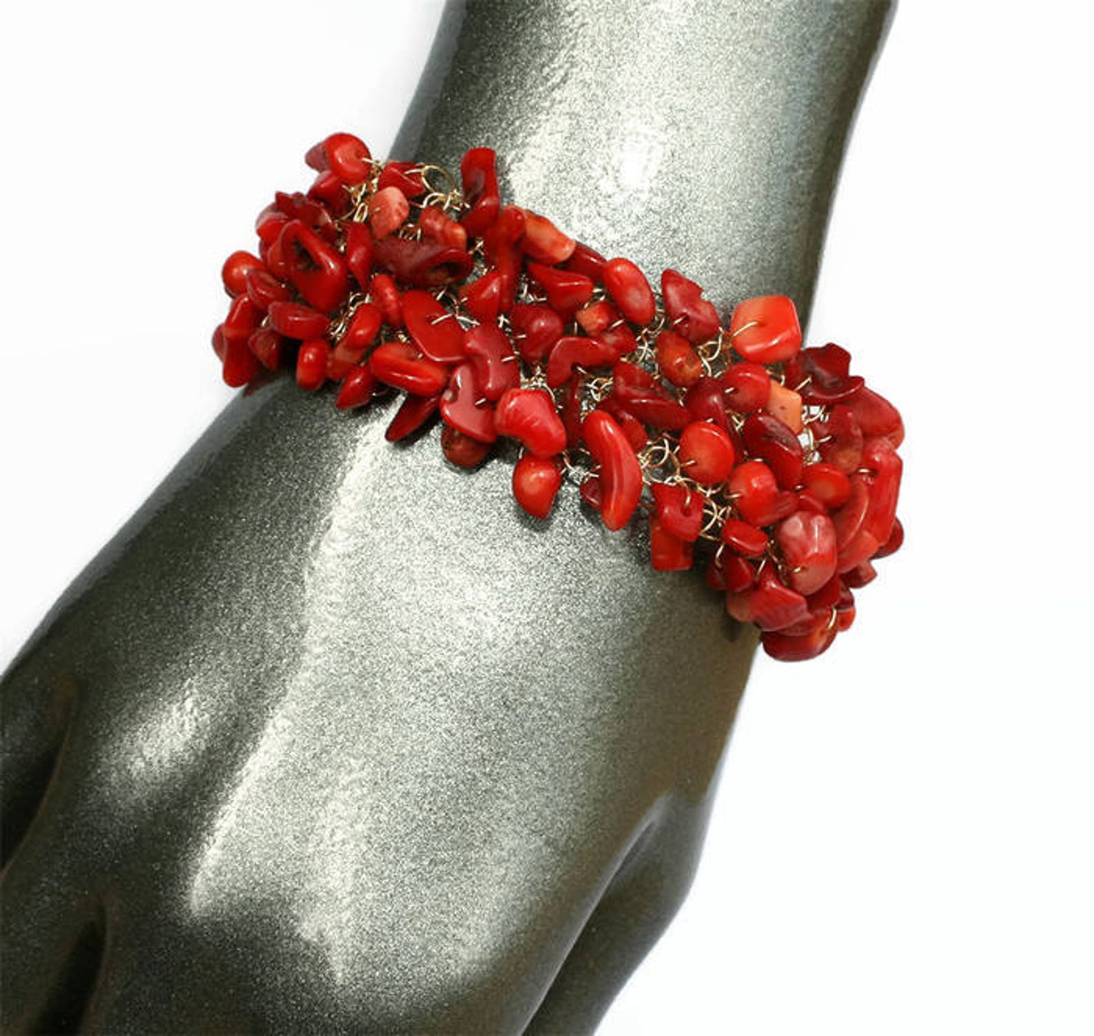 Red coral bracelet gemstone bracelet cuff wide gold | Etsy