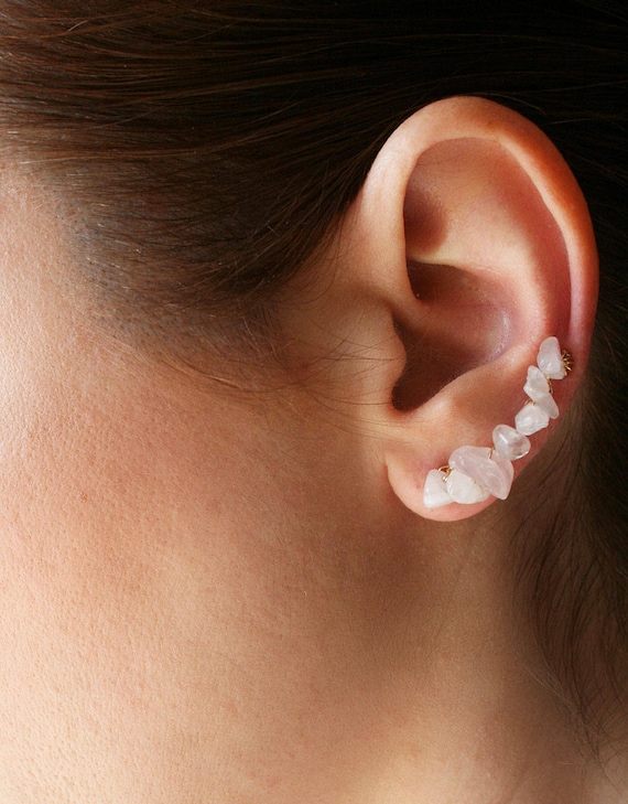 Rose quartz ear pin Ear climber Ear climber earring Pierced ear cuff Climber earrings Rose quartz jewelry Rose quartz earring Ear sweep 