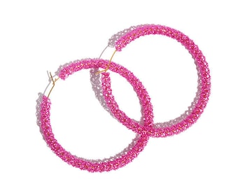 Large fuschia pink hoop earrings, wire crochet jewelry, handmade statement earrings, colorful, hoops, dangle earrings, circle earrings