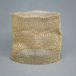 Wide bangle bracelet, cuff, gold, silver, crochet bracelet, knitted, woven, handmade, wire mesh, statement bracelet, women jewelry Gold