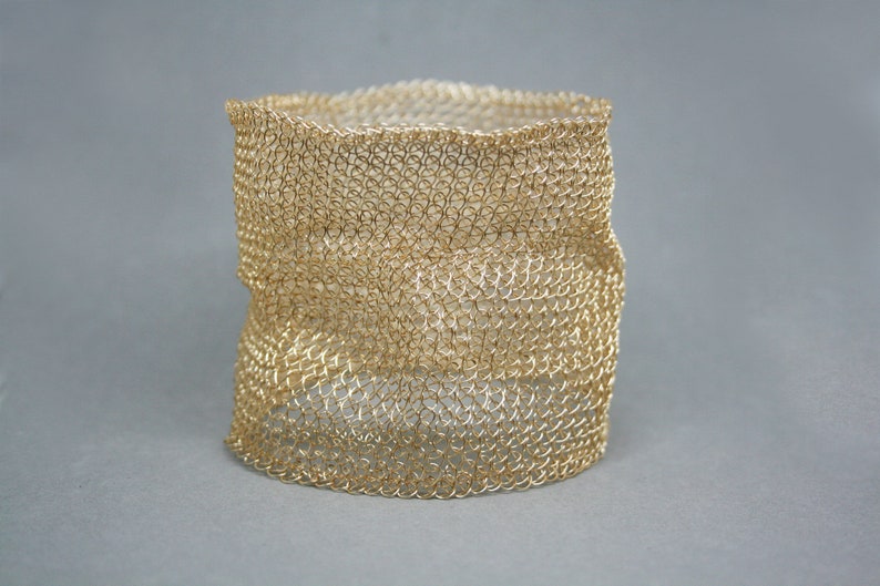 Wide bangle bracelet, cuff, gold, silver, crochet bracelet, knitted, woven, handmade, wire mesh, statement bracelet, women jewelry Gold