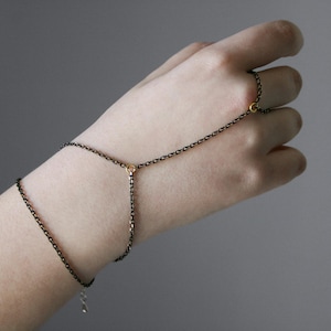Black and Gold Hand Chain Bracelet – Steel Finger Bracelet, Minimalist Slave Bracelet, Gothic Hand Jewelry, Boho Hand Harness, Dainty Chain