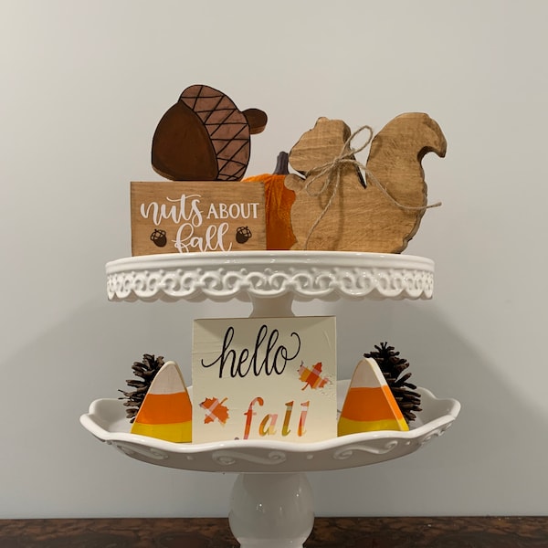 Nuts about fall - Tiered Tray Sign - Décor~ rustic~small wood sign~gift~acorn~autumn~ leaves~Tiered tray~ small decor~squirrel~Hello fall