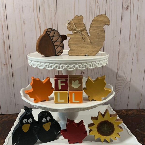 Fall - Tiered Tray Sign - Décor~ rustic~small wood sign~gift~acorn~autumn~ leaves~Tiered tray~ small decor~squirrel