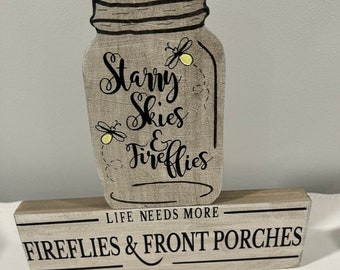 Starry Skies and Fireflies-Tiered Tray~Small Wood Sign~decor~Summer~Tiered Tray Sign~faux jar~mason jar~ firefly~lightning bug