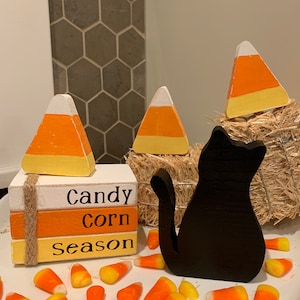 Candy Corn-Tiered Tray Decor~Small Wood Sign~Home~Fall Decor~decor~Autumn~Tiered Tray Sign~Decor~Mini Sign~Black Cat- Faux Books- Earrings