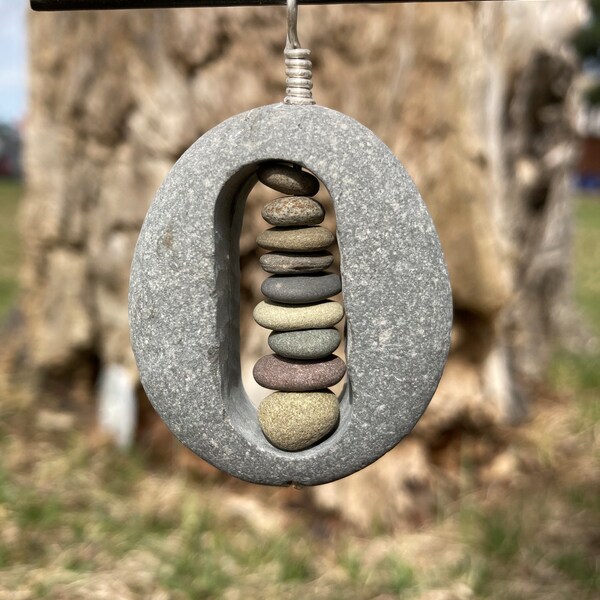 wRoCkreations 411 Stacked beach stone pendant, Lake Erie rock cairn pendant, raw natural pebble necklace.