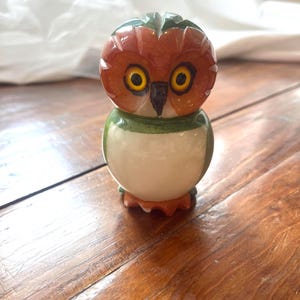 Vintage Alabaster Owl Figurine or Paperweight | Green and Orange Owl