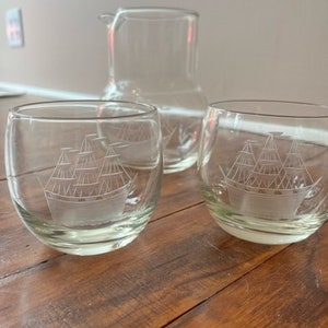 Decanter and Glass Set with boat etching | Nautical Bar Ware | MCM