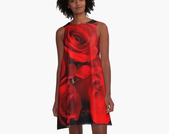 Red Roses Dress ~ Sexy Red Dress, Date Night Dress, Floral Print, Dark Red Sleeveless Dress, Flower Photography Floral Dress Women's Fashion