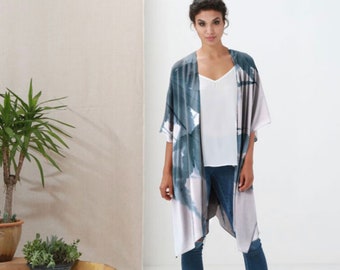 Sheer Wrap, Botanical Print, Sheer Kaftan, Sexy Kimono Robe, Blue-Green White Wrap, Sheer Kimono Cardigan, Light Tunic, Sheer Beach Cover Up