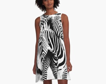 Zebra A Line Dress, Black and White Dress, Zebra Print Dress, Short Sleeveless Dress, Black & White Striped Shift, Fun Dress Women's Fashion