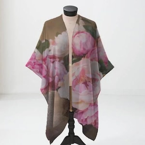 Peonies Sheer Wrap, Brown Taupe and Pink Floral Print, Sheer Kaftan, Feminine Kimono Robe, Sheer Kimono Cardigan, Beach Cover Up Light Tunic