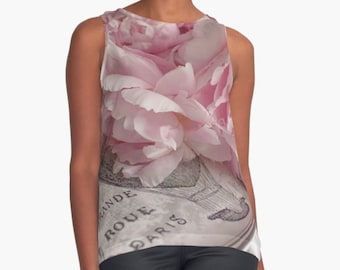 Floral Tank Pink Peonies Chiffon Top Pink and Gray Blouse Transparent Sleeves Delicate Women's Shirt Peony Photography Girly Top Pink Flower