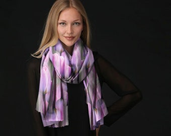 Floral Scarf, Silk Scarf, Cashmere Scarf Pink Scarf Purple Scarf Wearable Art Scarf Gift for Woman Long Scarf Tulip Scarf Striped Scarf VIDA