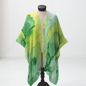 Sheer Wrap, Impressionistic Floral Print, Sheer Kaftan, Kimono Robe, Yellow and Green Wrap, Sheer Kimono Cardigan Beach Cover Up Light Tunic