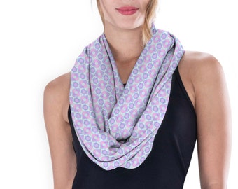Eco Infinity Scarf, Soft Stretchy Scarf, Blue Pink Lavender Pastel Scarf, Wearable Art Scarf, Gift for Women Long Scarf Abstract Print, VIDA