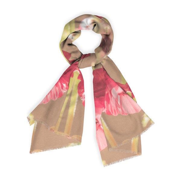 Red Floral Silk Scarf, Cashmere Scarf, Rust Scarf, Yellow-green Scarf, Wearable Art Scarf, Flower Gift for Women, Long Scarf Chic Scarf VIDA