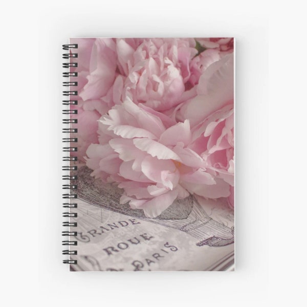 Pink Peonies Spiral Notebook ~ Botanical Journal ~ Garden Notebook ~ Pale Pink Gray Journal ~ Paris Floral Notepad, Gift for Writer, Diary