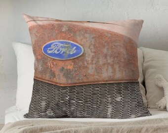 Rustic Pillow Cover, Antique Ford Pillow, Rusty Truck Pillow, Gray Rustic Decor, Gift for Man Cave Decor, Cabin Pillow, Rust Throw Pillow