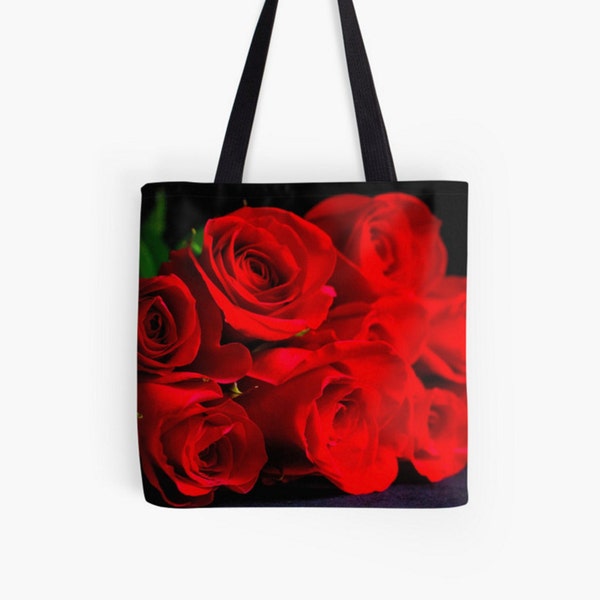 Sac fourre-tout roses rouges ~ photo de fleurs ~ fourre-tout rouge du marché ~ accessoire floral botanique, idée cadeau spectaculaire pour jardinier, sac fourre-tout noir et rouge