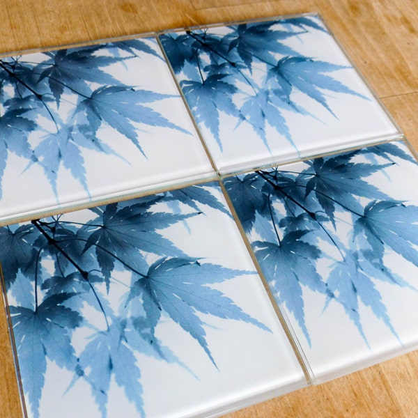 Japanese Maple Leaf Coasters, Gray Blue Kitchen Decor, House Warming Gift, White Coasters, Nature Photo, Set of 4 Glass Coasters Garden Gift