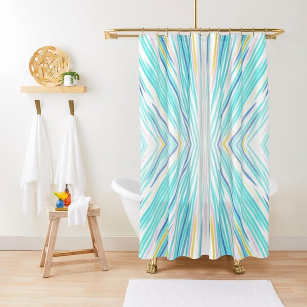 Bright Cyan Shower Curtain, Light Blue Shower Curtain, Geometric Art Shower Curtain Blue Bath Mat Abstract Lines Shower Curtain Pastel Decor