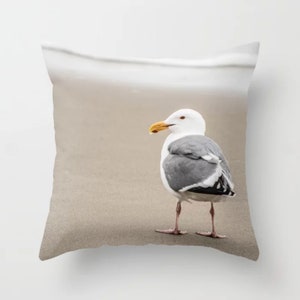 Seagull Pillow Cover, Beach House Throw Pillow, Sea Bird Pillow, Bird Decor, Gray White Tan Sand Beach Pillow, Nature Pillow Wildlife Pillow
