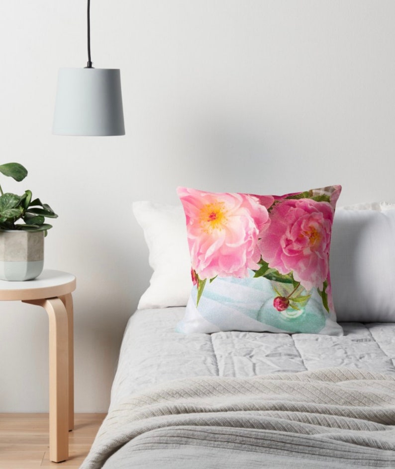 Pink Peony Pillow, Bright Floral Throw Pillow, Teal Boudoir Pillow, Pink Floral Home Decor
