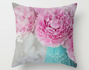 Shabby Chic Floral Throw Pillow ~ Pink Peony Pillow Cover ~  Teal Boudoir Pillow, Pink Floral Home Decor, Flower Pillow, Botanical Decor