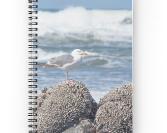 Möwe am Strand Notizbuch, Gästebuch für Strandhaus, Küstenkunst Geschenk für Schriftsteller, Dankbarkeit Journal, Rocky Küstenlandschaft Meereswellen