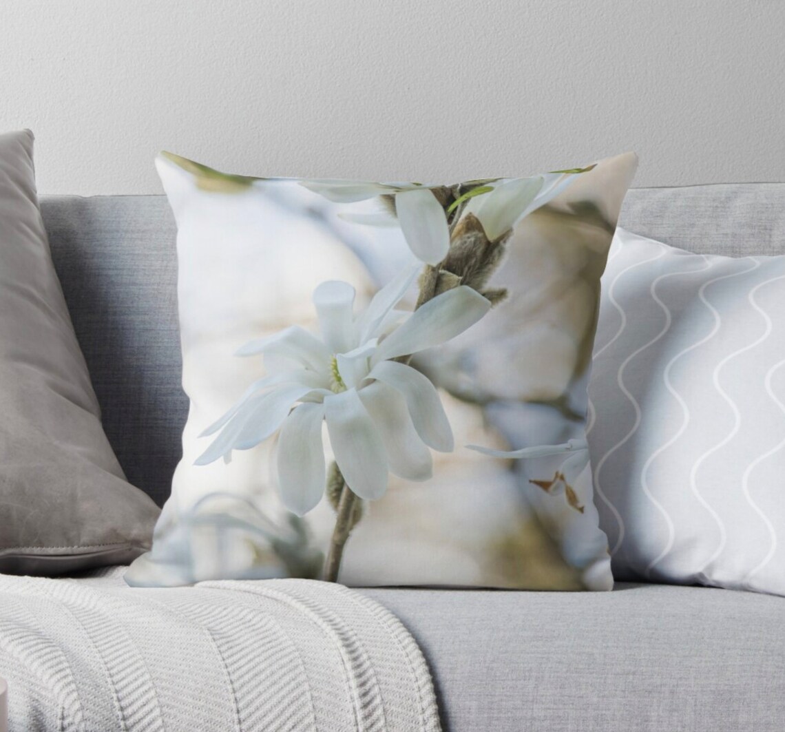 Magnolia Pillow Cover, Floral Throw Pillow, White Flower Pillow, Floral