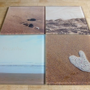 Blue Ocean Coasters ~  Sandy Beach Glass Coasters  ~  Beach House Decor ~ Coaster Set ~ Casual Home Decor, Gift Idea, Neutral Drink Coasters