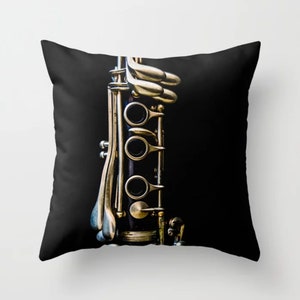 Clarinet Pillow ~ Silver Bronze Black Throw Pillow, Music Pillow, Minimalist Home Decor, Musical Instrument Pillow, Stylish Art Pillow Cover