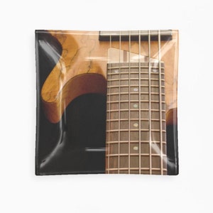 6-string Electric Bass Guitar Plate ~ Music Art Glass Tableware ~ Square Glass Tray with Guitar Photo, Gold Harvest Orange Kitchen Decor