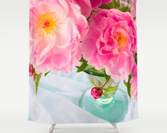 Pink Floral Shower Curtain, Peony Shower Curtain, Pink Bathroom Decor, Pink Flowers Bath Mat, Aqua Shabby Chic Botanical Print, Peony Print