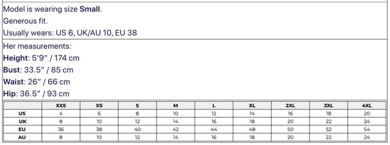 May include: Size chart for clothing with measurements in US, UK, EU, and AU sizes. The chart shows sizes from XXS to 4XL, with corresponding measurements in inches and centimeters.