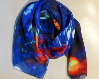 Long Scarf Gift for Her, Vibrant Royal Blue Scarf, Red Abstract Scarf, Purple Chiffon Scarf, Chic Head Wrap, Wearable Art Scarf, Sheer Scarf