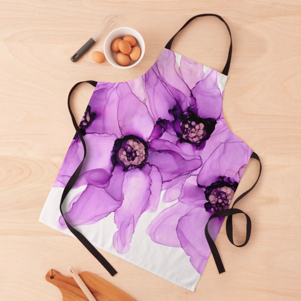 Violet Floral Apron, Practical Gift for Flower Lover, Shop Apron, Arts and Crafts Apron, Purple Apron, Ink Painting, Housewarming Gift, BBQ