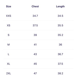 May include: Size chart for clothing with measurements in inches for chest and length. Sizes include XXS, XS, S, M, L, XL, 2XL, 3XL, and 4XL.