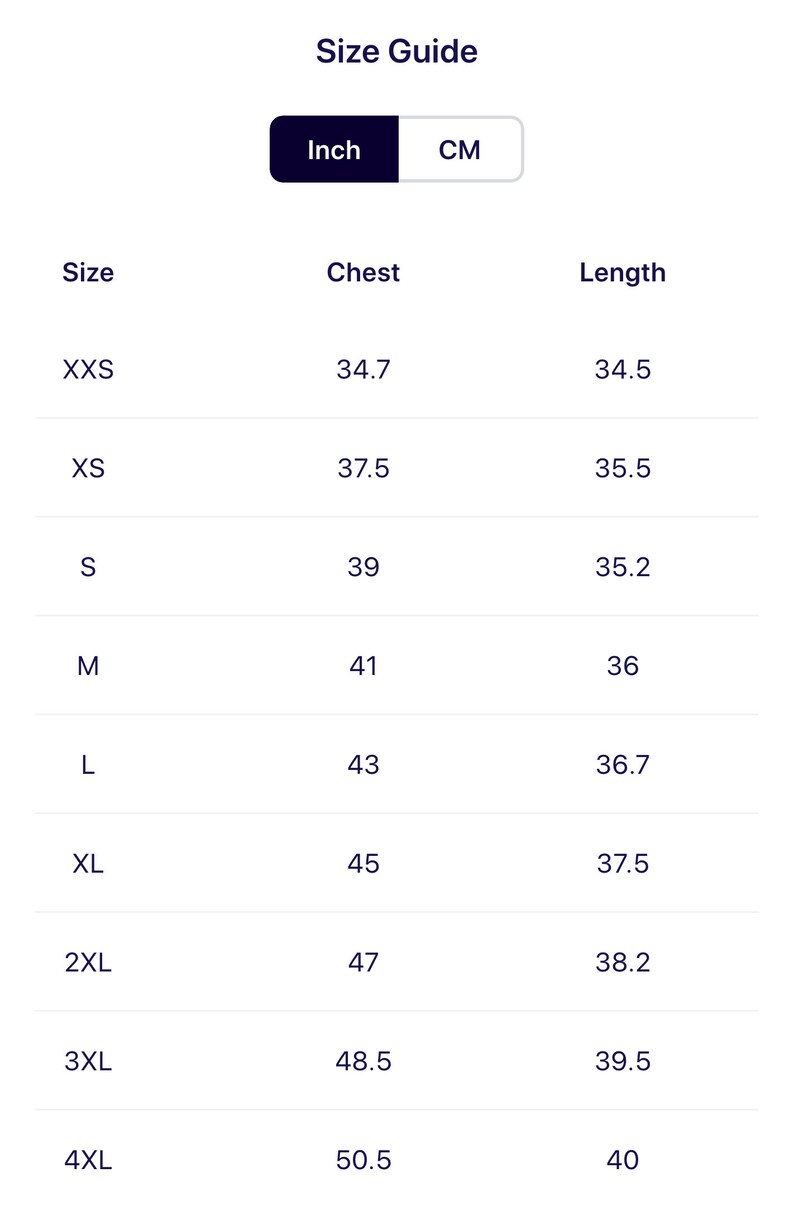May include: Size chart for clothing with measurements in inches for chest and length. Sizes include XXS, XS, S, M, L, XL, 2XL, 3XL, and 4XL.